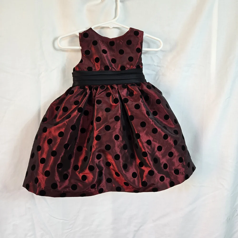 Marmelatta Girls Burgundy Black Polka Dot Sleeveless Holiday Party Dress 12M NEW
